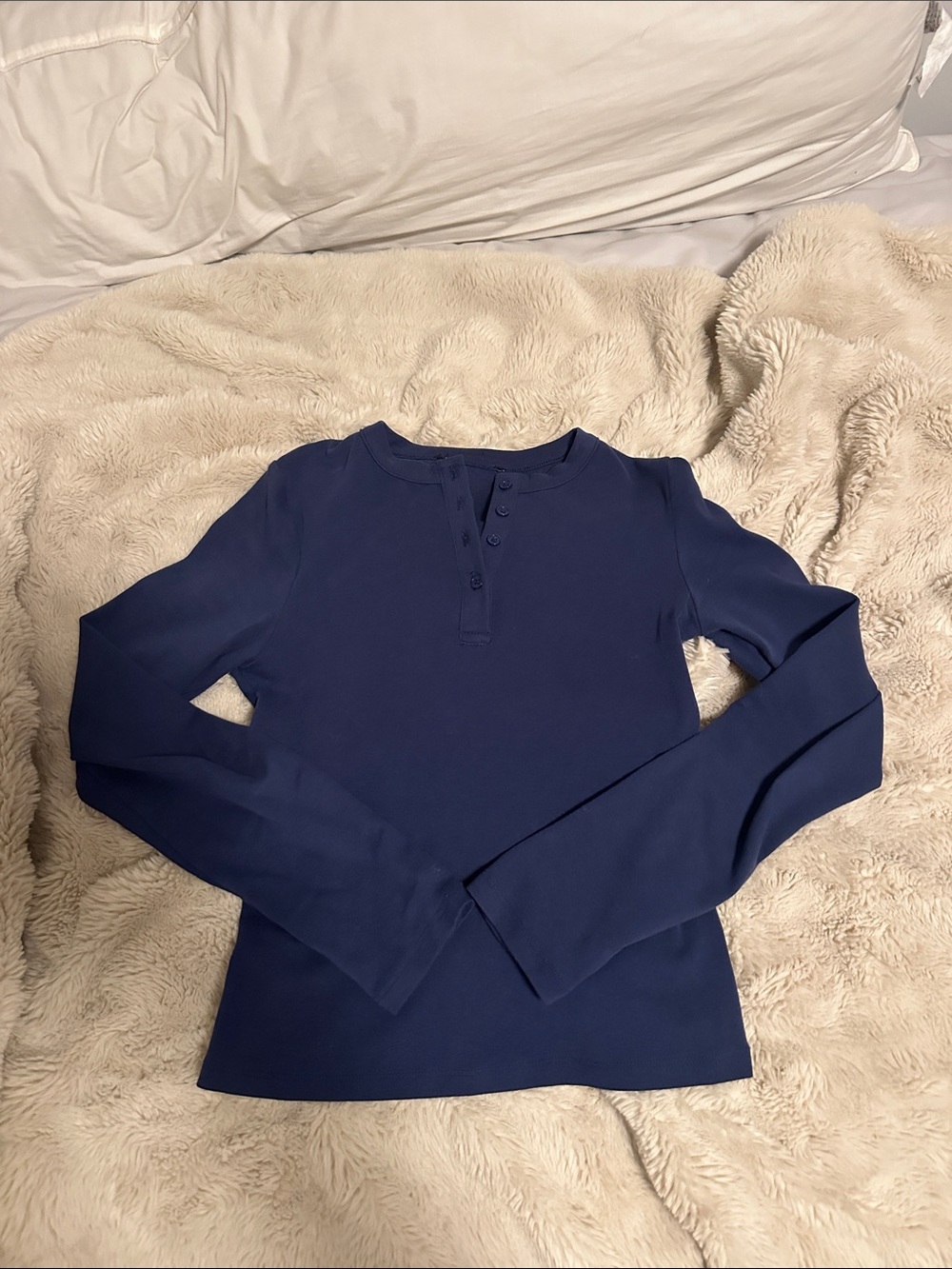 Women's Navy Button-Neck Long Sleeve Top